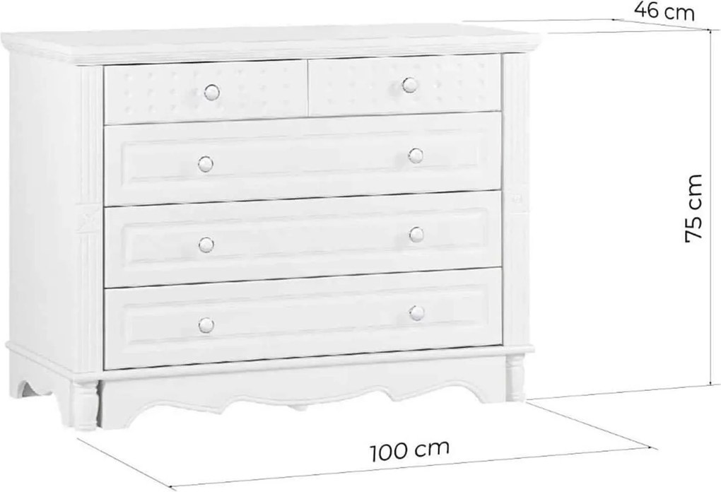Comodă lemn masiv alb Elizabeth 5 Sertare, 100 × 46 × 75 cm