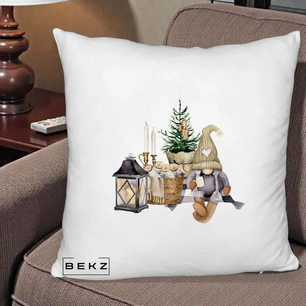 Perna Decorativa Gnom Scandinav cu Felinar, 40x40 cm, Alb Pufos, Husa Detasabila, Perna Inclusa, BEKZ®