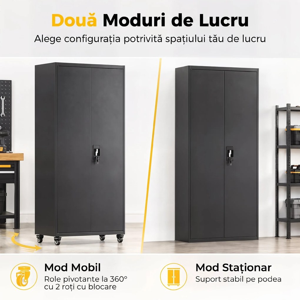 HOMCOM Dulap Metalic pentru Depozitare, Oțel, Încuietoare, Roți Detașabile și Rafturi Reglabile, 80x40x180 cm, Negru | Aosom Romania