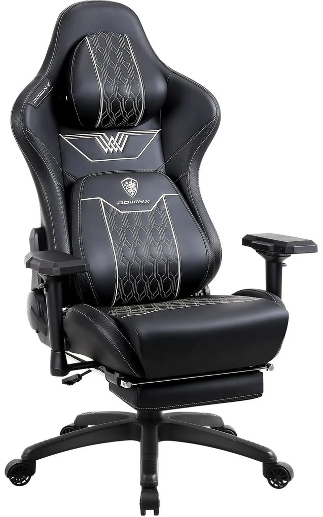 DOWINX Scaun gaming, ergonomic, spătar înalt, tetiera confortabilă, suport lombar, cotiere 4D, suport picioare, rezistent 150 kg, piele PU, Negru