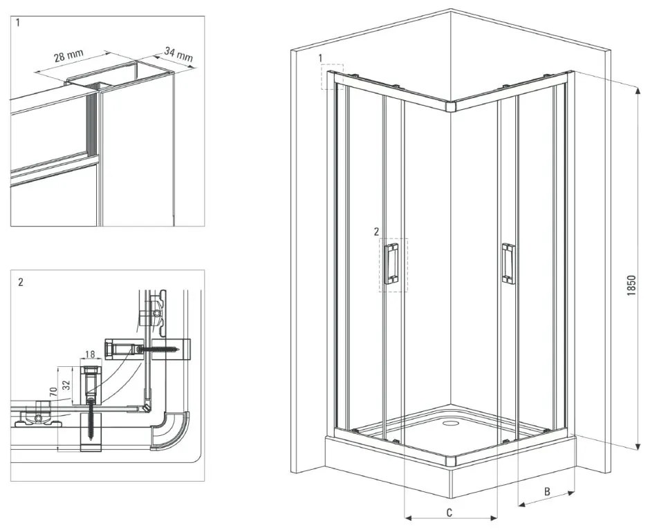 Set cabina dus cu usa culisanta, vas wc rimless cu capac soft close si rezervor wc incastrat cu clapeta Foglia