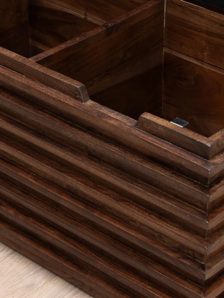 Banchetă din piele naturală cu structură și spațiu de depozitare din lemn de acacia, maro antichizat, finisaj lucios, 110×40,5×36 cm, „Leya"