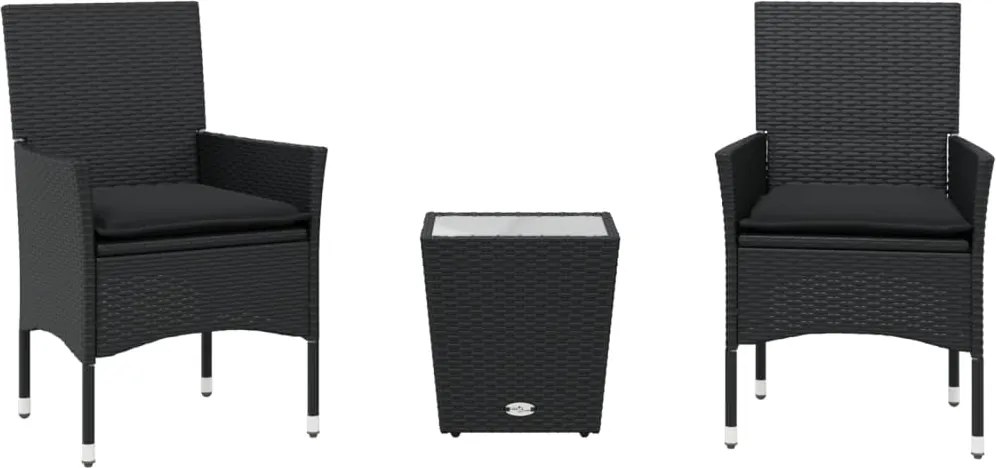 vidaXL Set bistro cu perne, 3 piese, negru, poliratan și sticlă