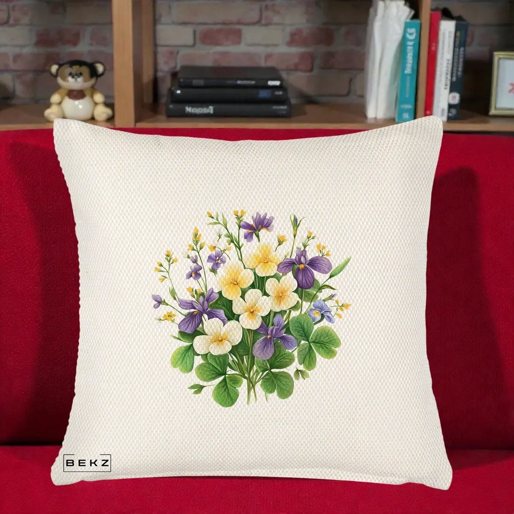 Perna Decorativa Viorele Iris Violet si Trifoi, 40x40 cm, Crem Reliefat, Husa Detasabila, Perna Inclusa, BEKZ®