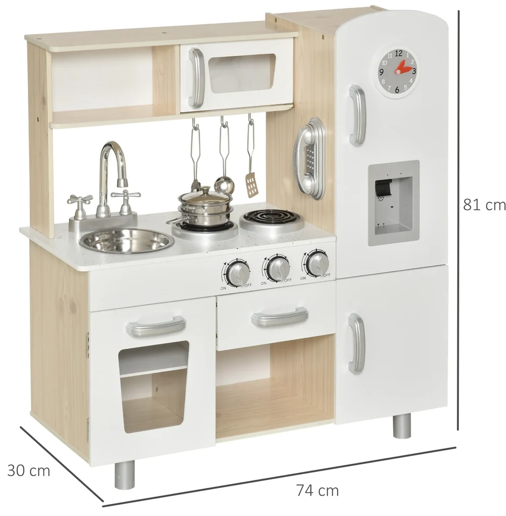 HOMCOM Bucătărie de Jucărie din Lemn pentru Copiii de Peste 3 Ani, 74x30x81 cm, Alb | Aosom Romania