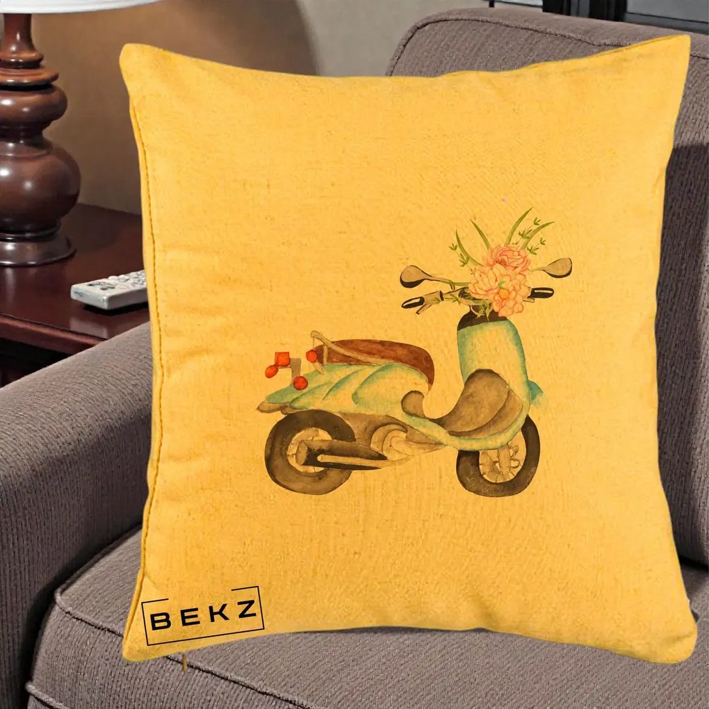 Perna Decorativa Scuter Albastru cu Flori Acuarela, 40x40 cm, Galben, Husa Detasabila, Perna Inclusa, BEKZ®