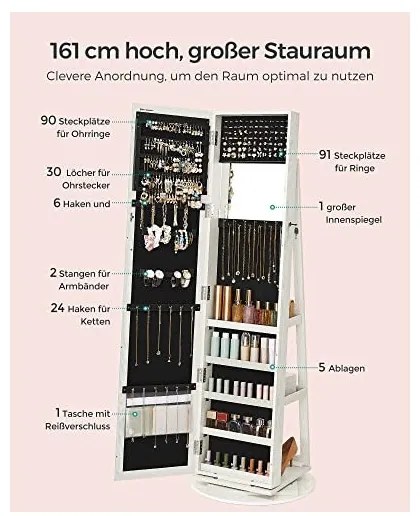 Dulap de bijuterii cu blocare, Songmics, Oglinda, JBC62W, 38 x 161 x 38 cm