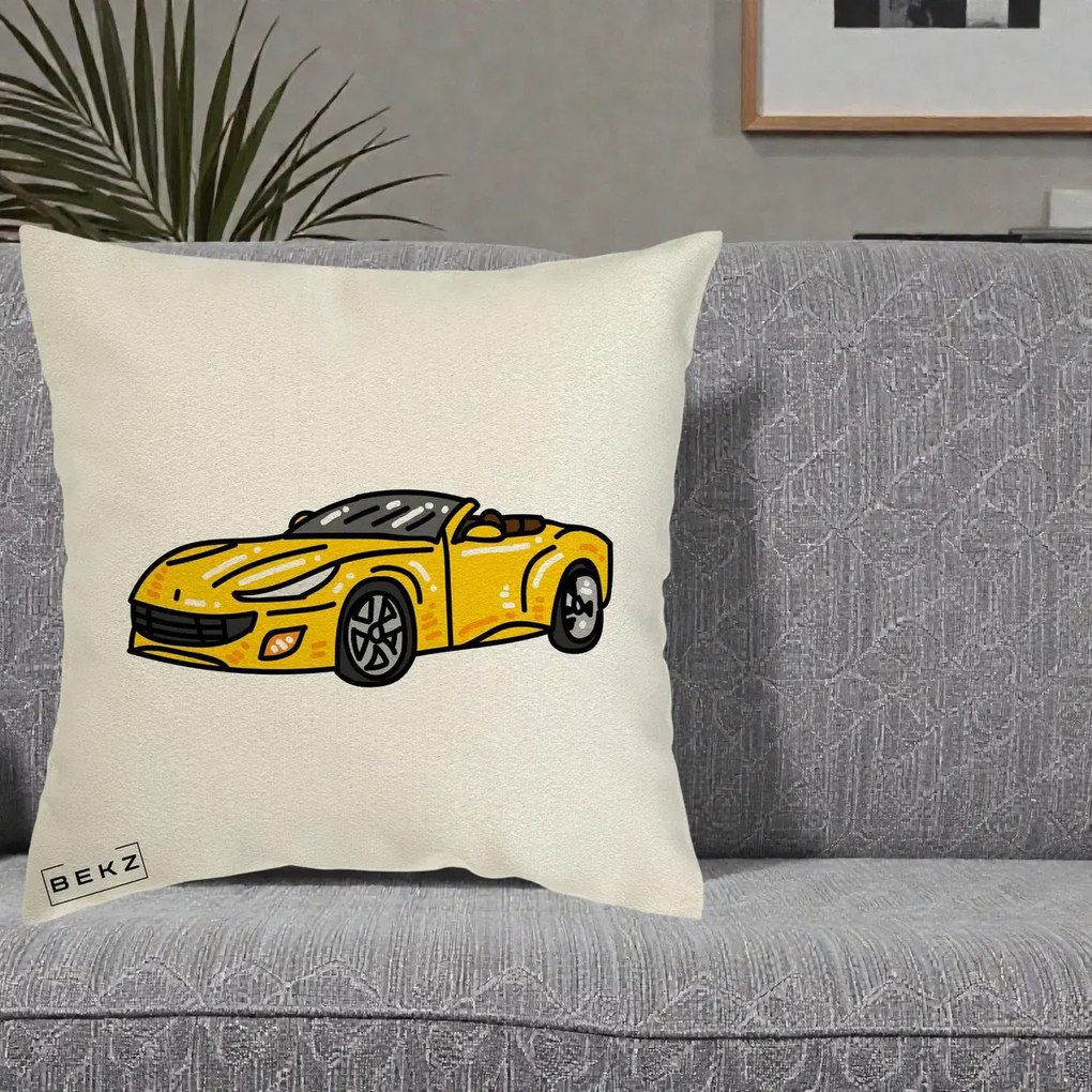 Perna Personalizata Masina Cabriolet Galbena Grafic, 40x40 cm, Ecru, Husa Detasabila, Perna Inclusa, BEKZ®