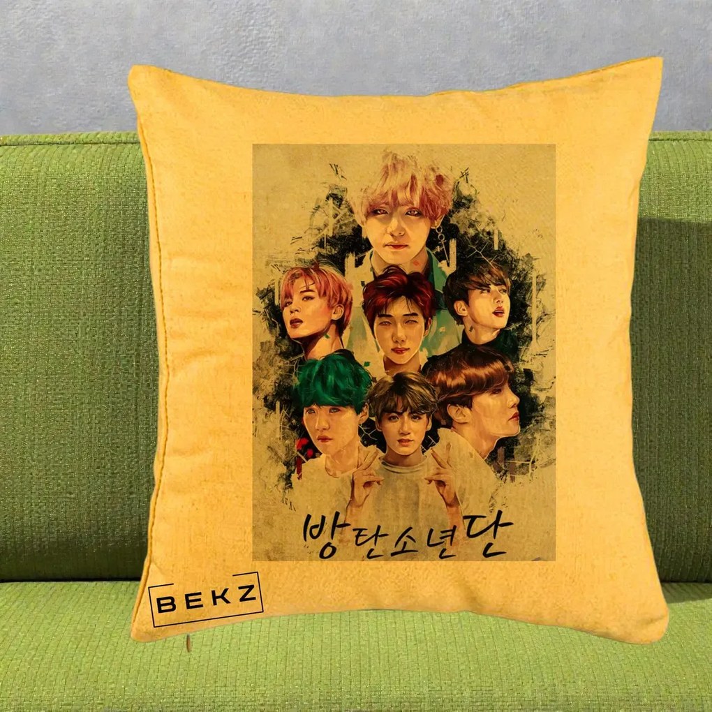 Perna Personalizata K-pop BTS Bangtan Boys Poster Artistic Negru Alb, 40x40 cm, Galben, Husa Detasabila, Perna Inclusa, BEKZ®
