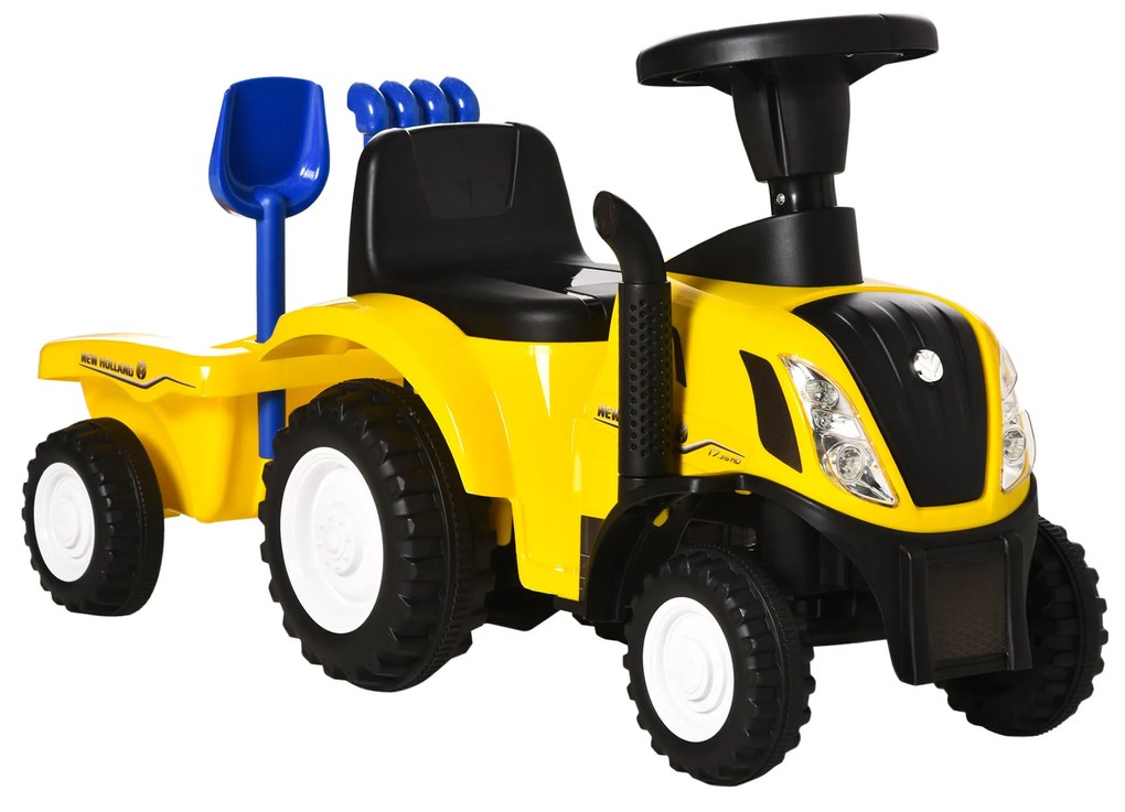 Tractor pentru Copii 12-36 Luni HOMCOM, Prevazut cu Loc cu Remorca, Grebla si Lopata, Joc Educativ, 91x29x44cm, Galben | Aosom RO