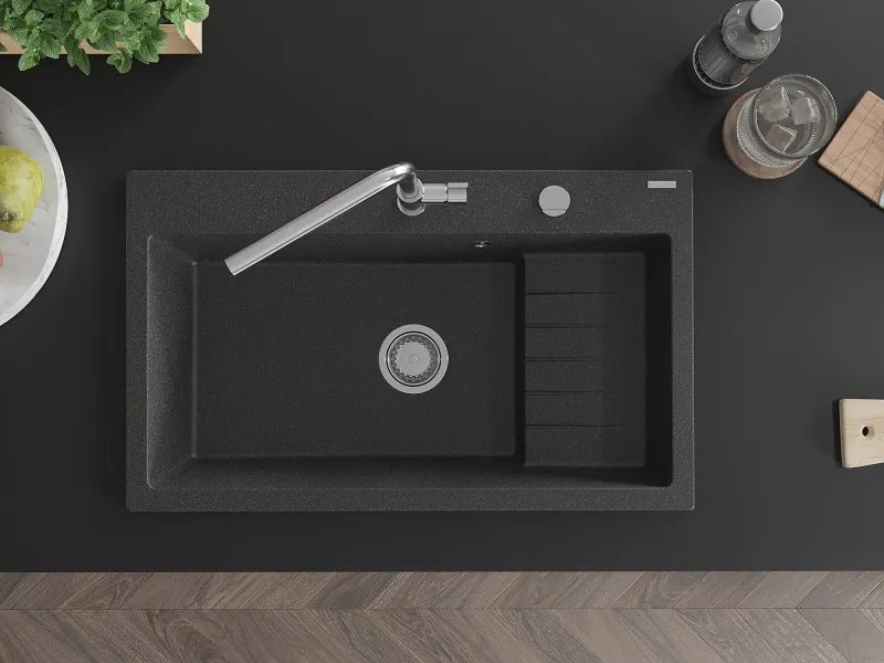 Mexen Omar chiuvetă de granit cu 1 compartiment 800 x 480 mm, neagră cu pete, sifon cromat - 6520801005-76