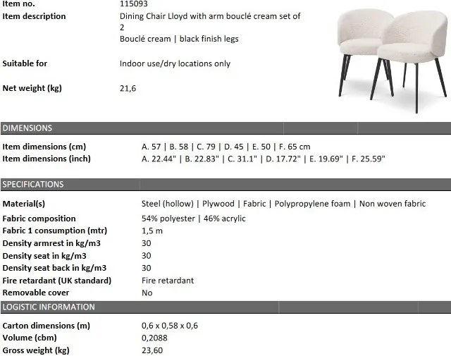 Set de 2 scaune cu brate design LUX Lloyd, boucle crem 115093 HZ