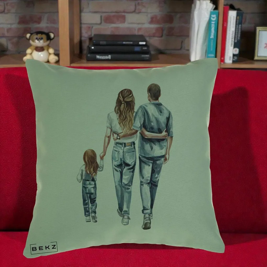 Cadou pentru Familie - Perna Personalizata Familie Acuarela Jeans, 40x40 cm, Verde, Husa Detasabila, Perna Inclusa, BEKZ®
