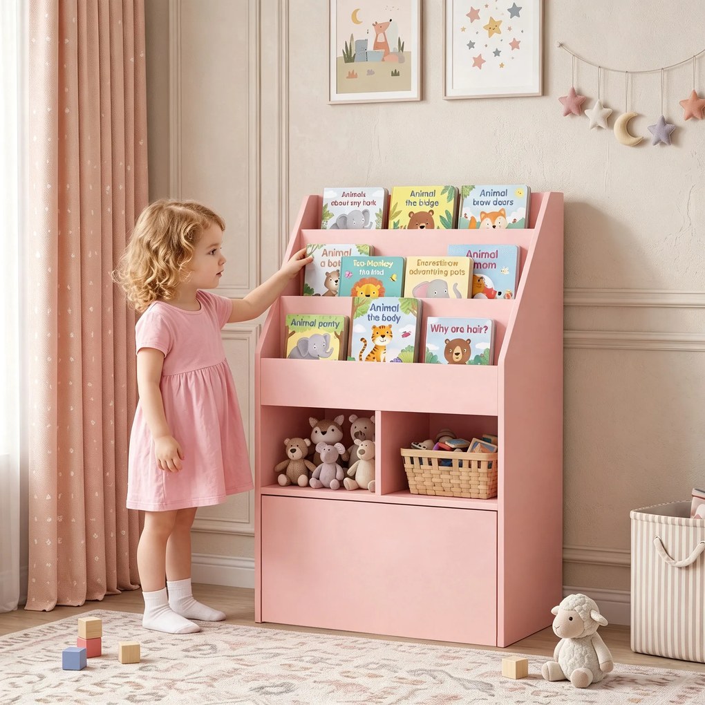 HOMCOM Bibliotecă pentru Copii cu Rafturi, Sertar și Roți, Raft pentru Jucării și Cărți, 60x29.9x90 cm, Roz | Aosom Romania