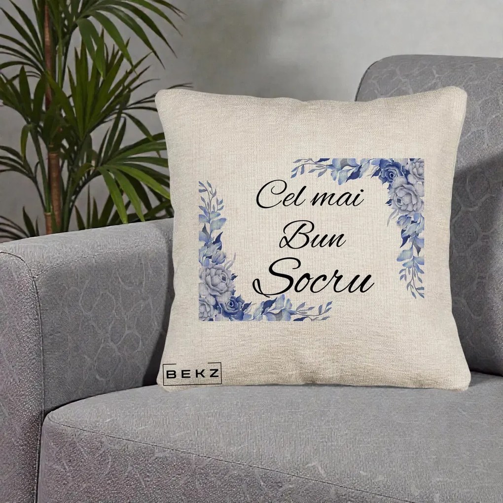 Cadou pentru Socru - Perna Personalizata Cel mai Bun Socru cu Flori Albastre Acuarela, 40x40 cm, Bej Canapea, Husa Detasabila, Perna Inclusa, BEKZ®