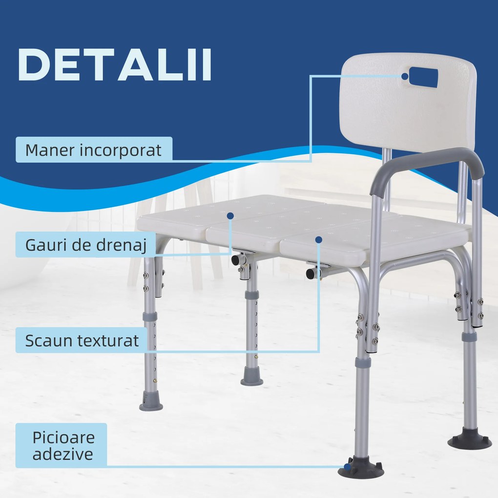 HOMCOM Scaun de Duș cu Înălțime Reglabilă pe 6 Nivele, Picioare și Brațe Antiderapante, 74x53x80-92 cm, Alb | Aosom Romania