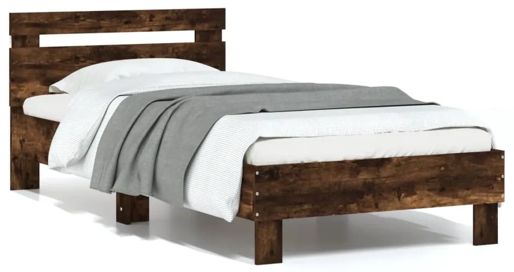 vidaXL Cadru de pat cu tăblie și lumini LED, stejar fumuriu, 75x190 cm