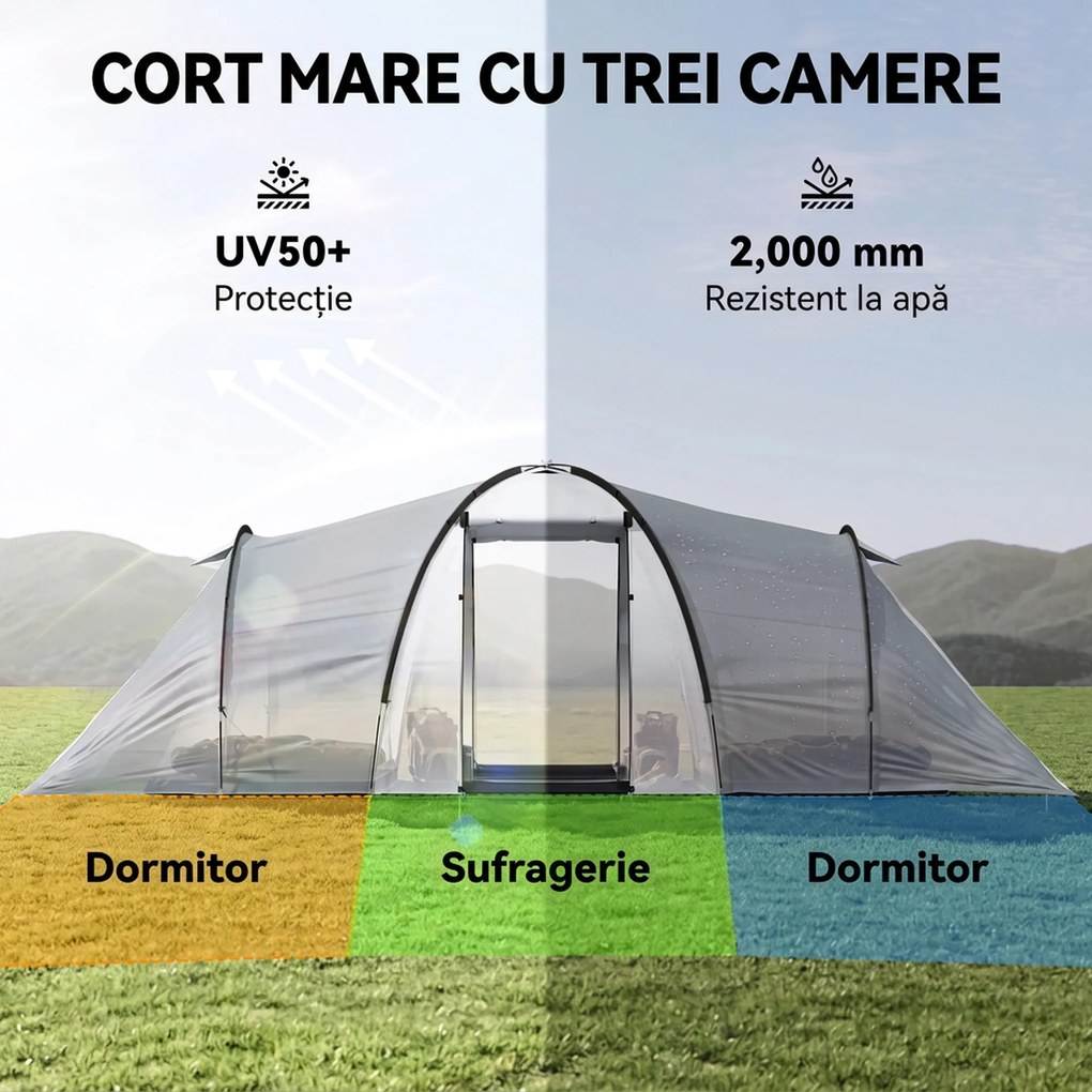 Outsunny Cort Camping 4-5 Persoane 2 Camere Familie Impermeabil Baldachin 590x245x193cm Gri | Aosom Romania
