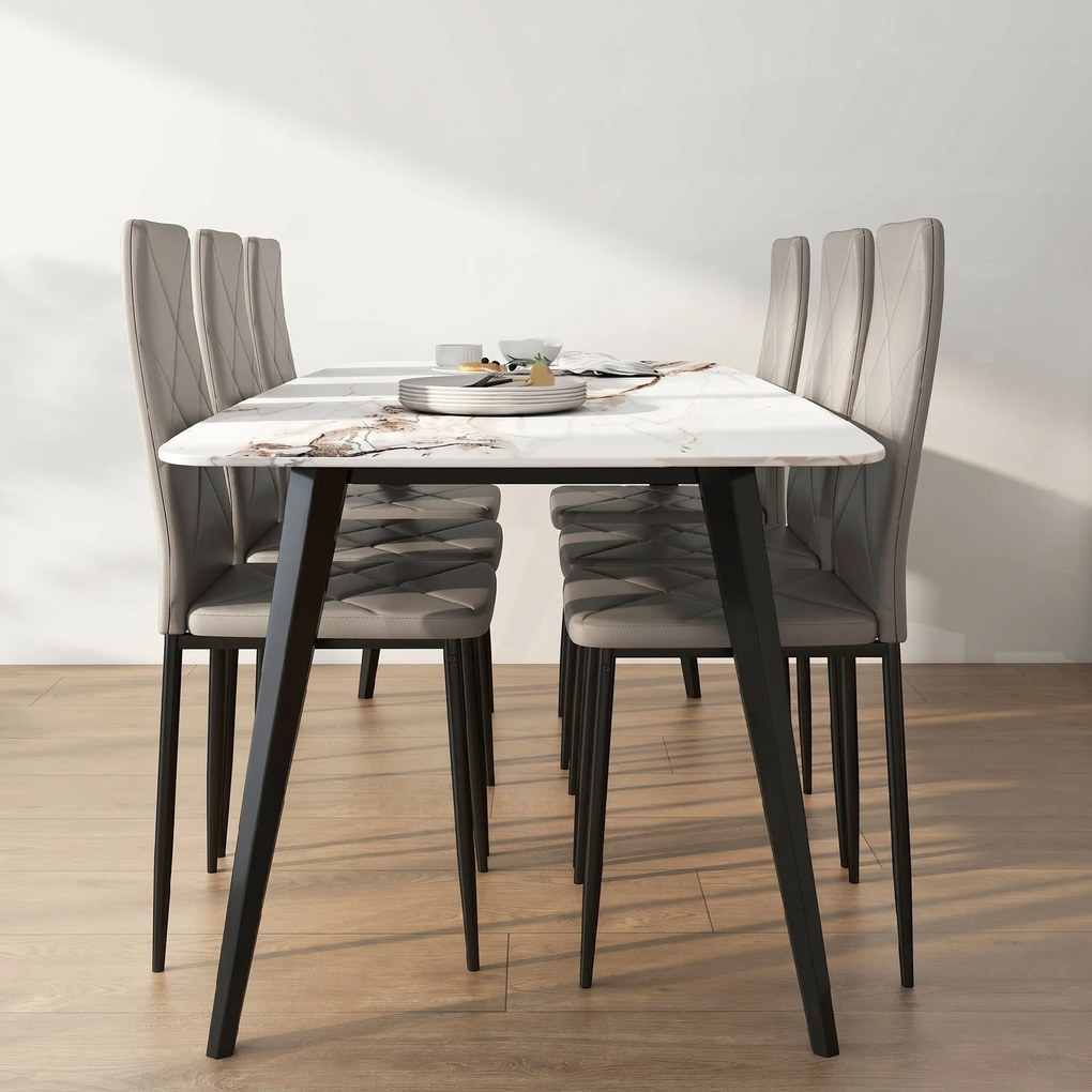 HOMCOM Set de 6 Scaune de Sufragerie, cu Spătar Înalt cu Cusături Tip Romb din Piele Ecologică și Oțel, 41x50x97 cm, Gri | Aosom Romania
