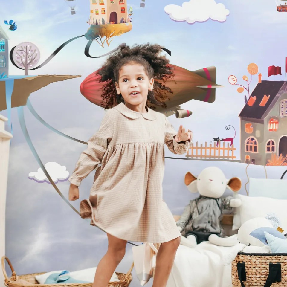 Fototapet - Lumea Imaginației Copiilor - poveste colorată, case și pisici