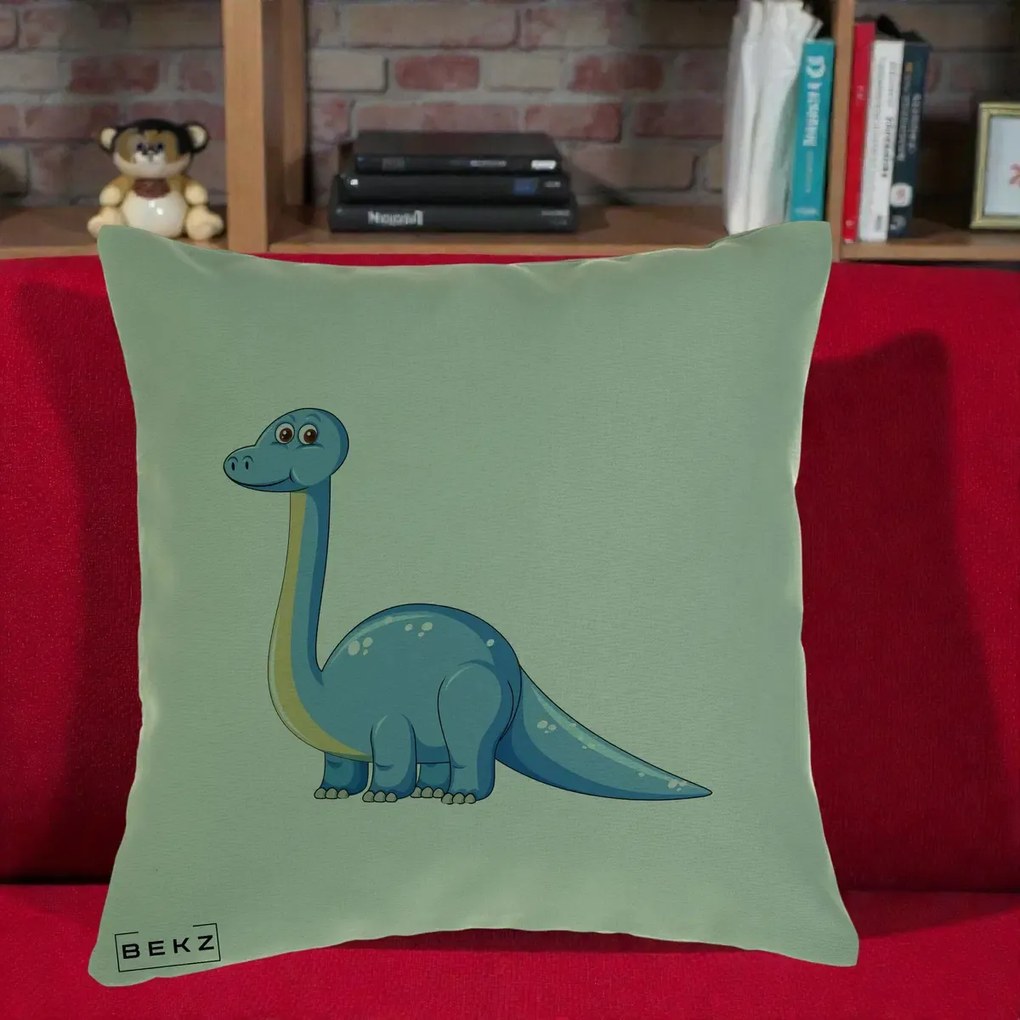 Perna Personalizata Brontosaur Albastru, 40x40 cm, Verde, Husa Detasabila, Perna Inclusa, BEKZ®