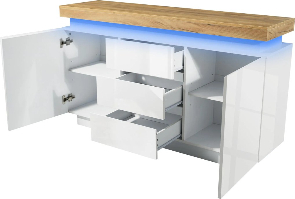 Comodă sideboard cu 2 uși și 3 sertare, iluminare LED, 140x39x81 cm, Alb