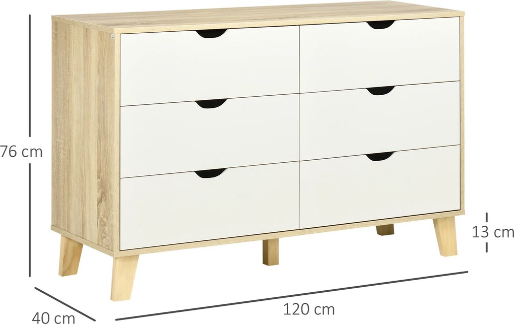 HOMCOM Comodă cu 6 Sertare, Mânere Sculptate și Picioare Trapezoidale, 120x40x76 cm, Lemn Natural | Aosom Romania