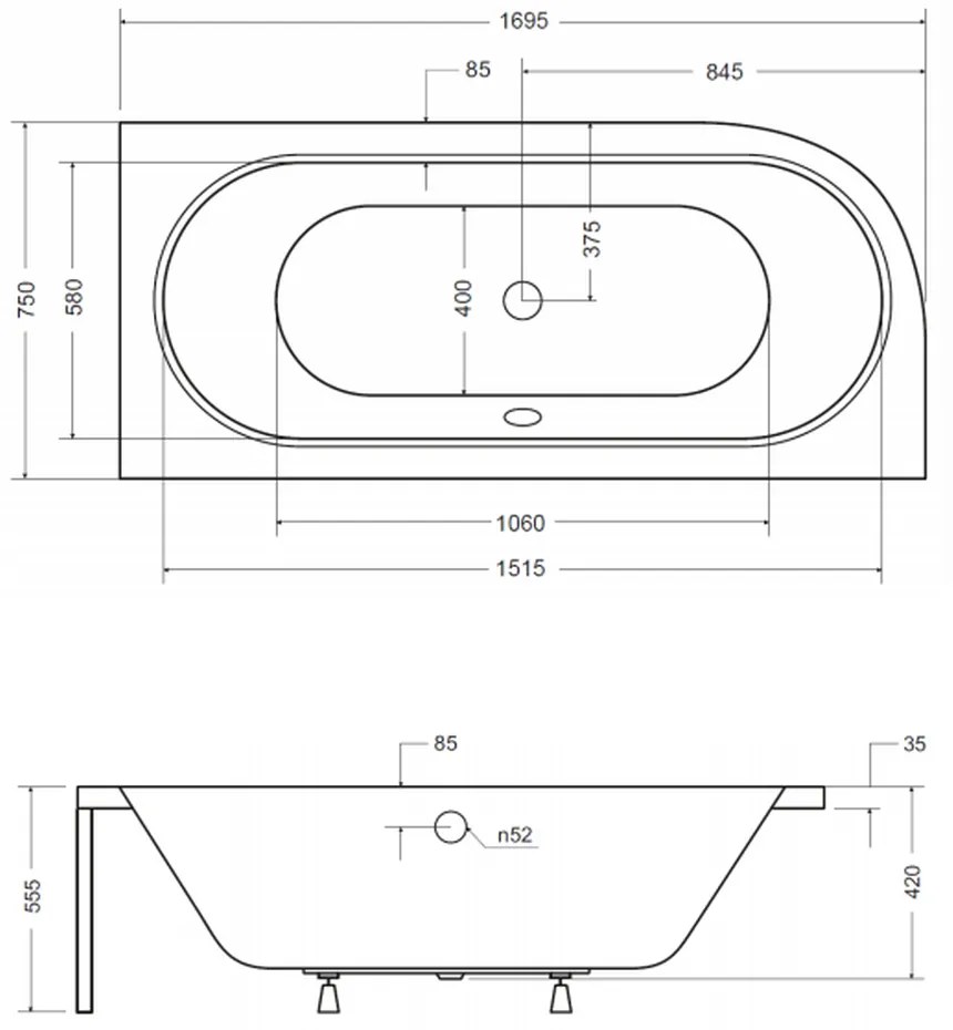 Cada baie asimetrica alba, acril, 170 x 75 cm, orientare dreapta, Besco Avita 1700x750 mm, Dreapta