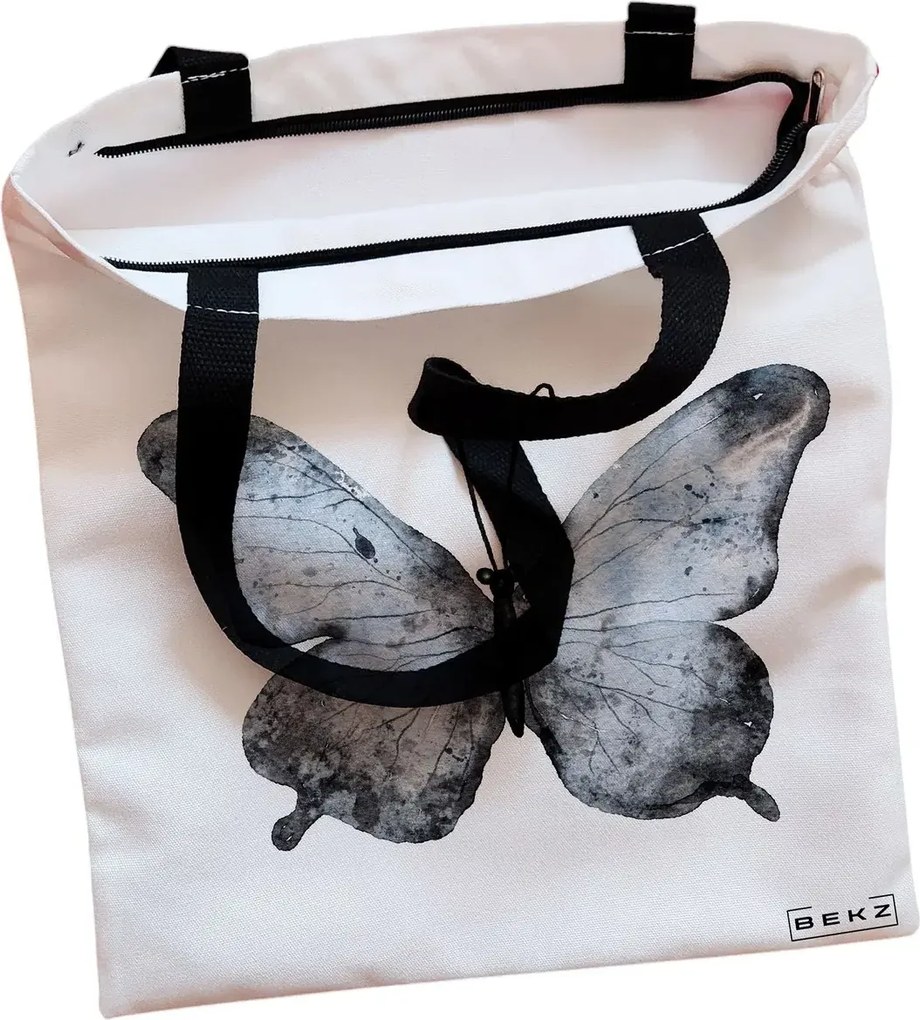 Sacosa de Panza pentru Cumparaturi, Geanta Tote, model Watercolor Butterfly 2, Cu fermoar, 38x34.5 cm, Alba, BEKZ®