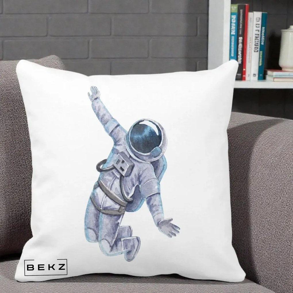 Perna Decorativa Astronaut Acuarela Zbor, 40x40 cm, Alba Mata, Husa Detasabila, Perna Inclusa, BEKZ®