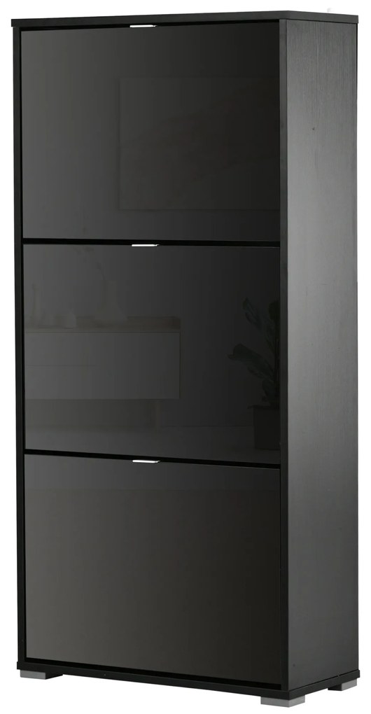 HOMCOM Dulap pentru Pantofi Cu 3 Uși Rabatabile 3 Compartimente din Lemn dim. 60L x 26l x 124Î cm Negru lucios | Aosom Romania