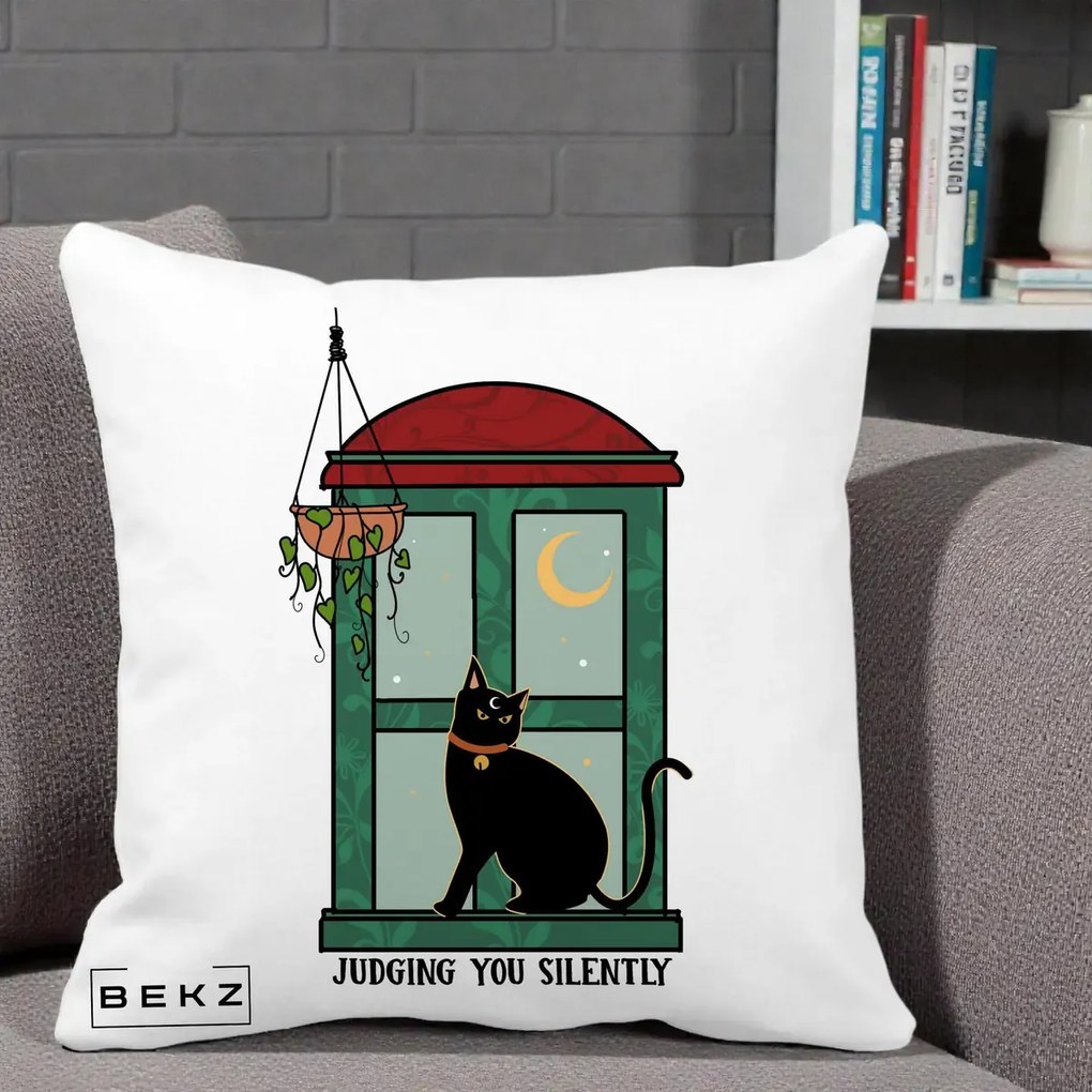 Perna Decorativa Judging You Silently Pisica Geam, 40x40 cm, Alba Mata, Husa Detasabila, Perna Inclusa, BEKZ®