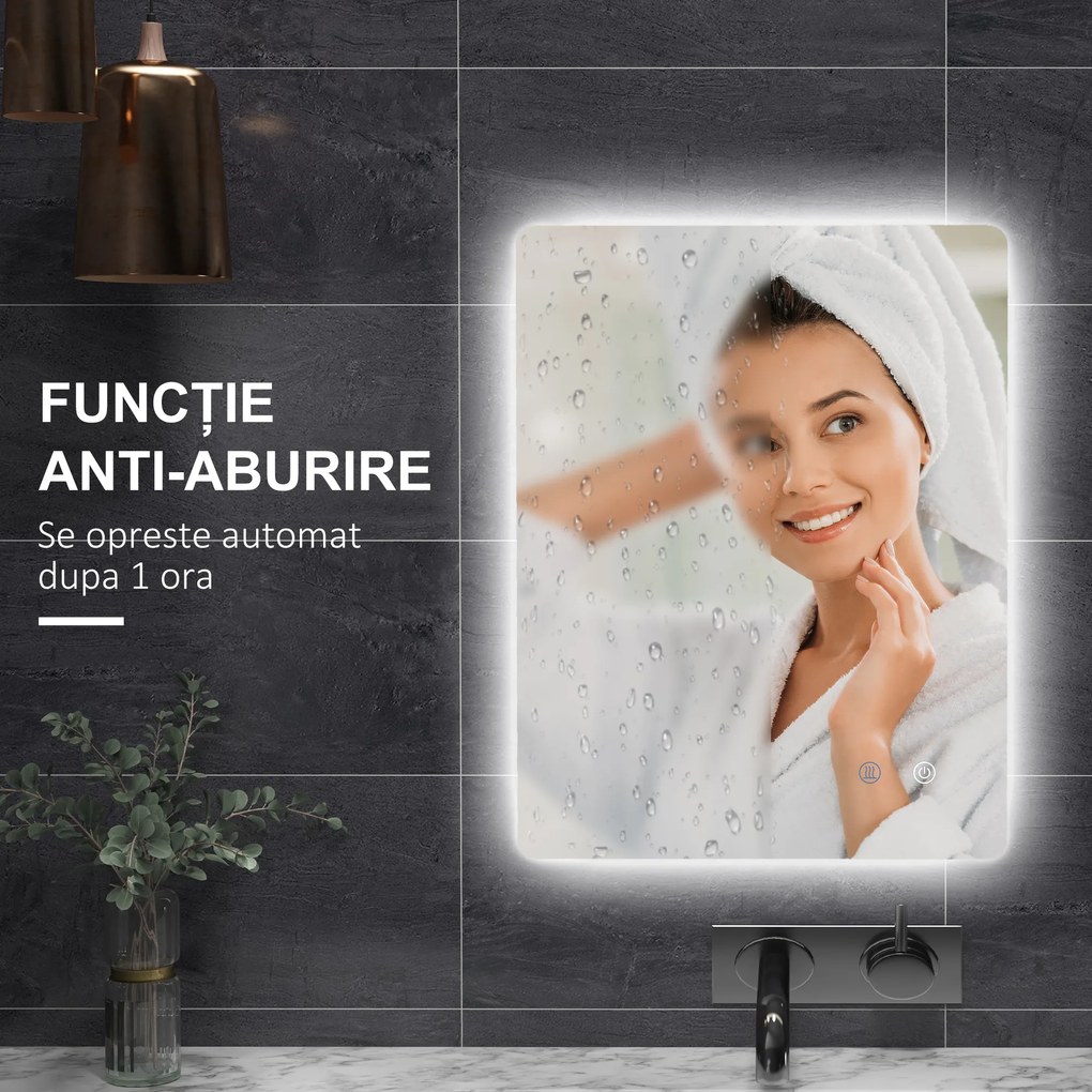 kleankin Oglindă de Baie cu Lumină LED, 3 Culori, Întrerupătoare Touch și Luminozitate Reglabilă, 70x50x3 cm, Transparent | Aosom Romania