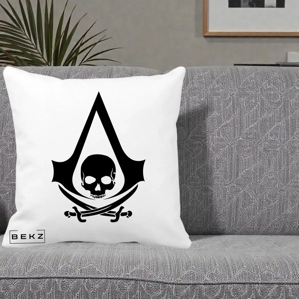 Perna Personalizata Assassin's Creed Black Flag Skull, 40x40 cm, Alba Mata, Husa Detasabila, Perna Inclusa, BEKZ®