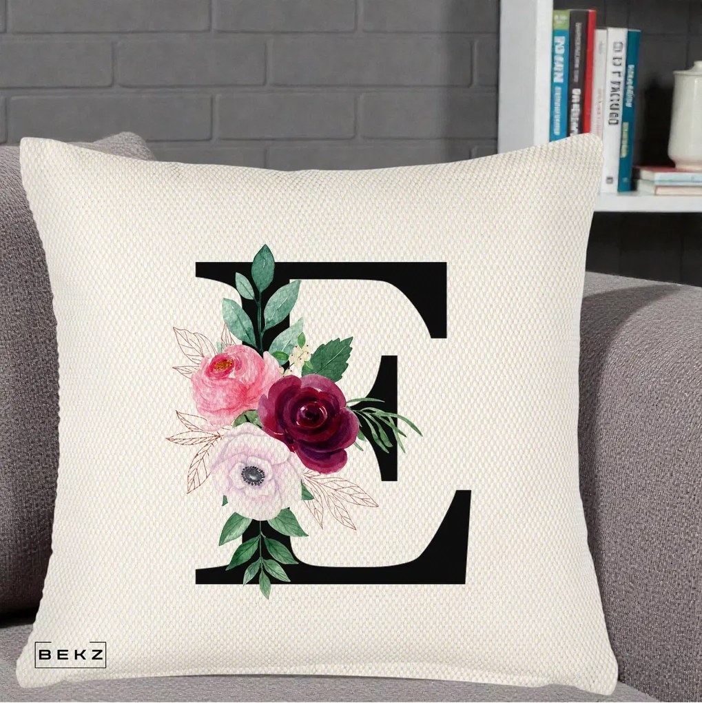 Cadou Personalizat - Perna Personalizata Monograma Florala Litera E, 40x40 cm, Crem Reliefat, Husa Detasabila, Perna Inclusa, BEKZ®