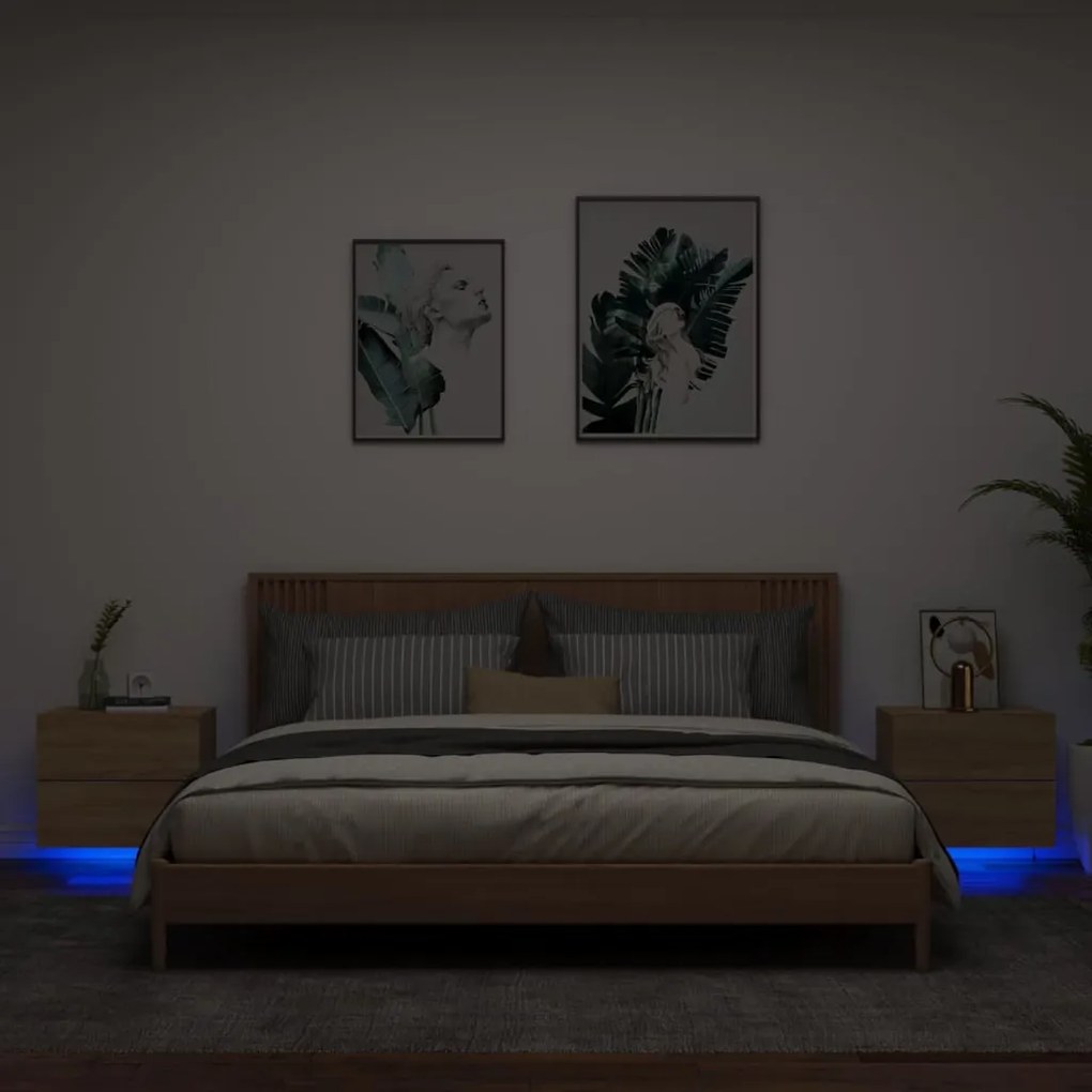 vidaXL Noptiere montate pe perete cu lumini LED, 2 buc., stejar sonoma