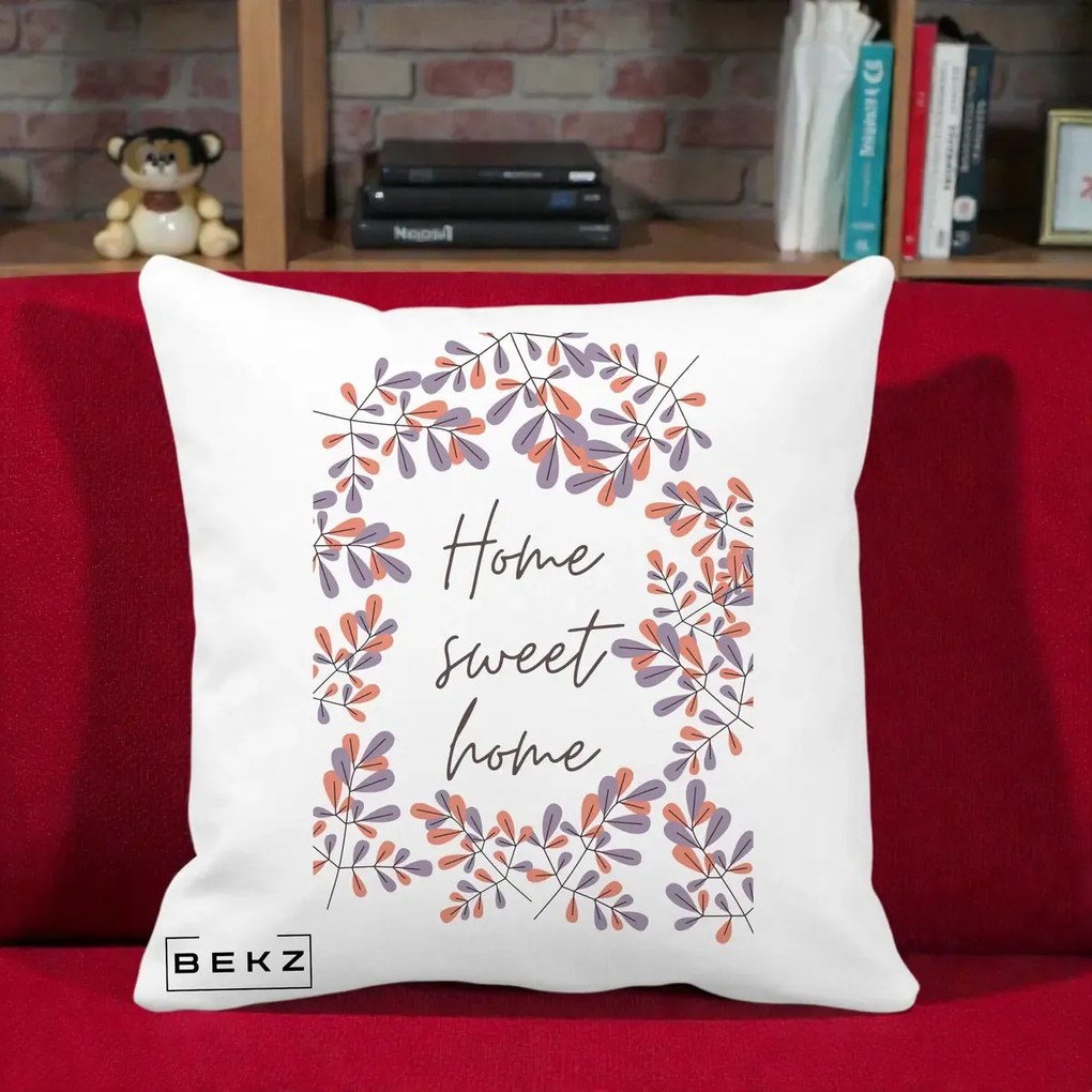 Perna decorativa Home Sweet Home Frunze Colorate, 40x40 cm cu Umplutura, Alb Mat, BEKZ