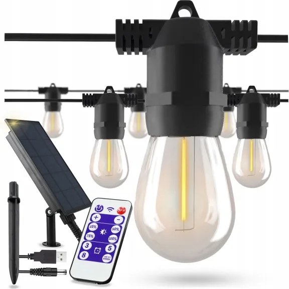 Ghirlandă decorativă LED solară reglabilă 20xE27/3V USB 2400 mAh 20,62 m IP65 negru + telecomandă