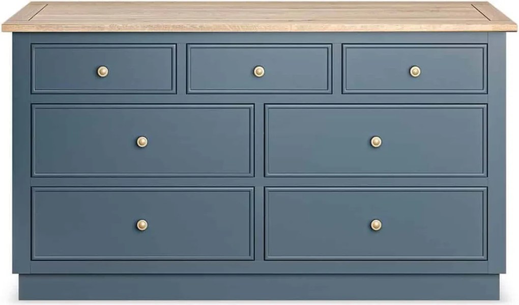 Comodă lemn masiv natur Richmond 7 sertare Albastru/, 140 × 45 × 77 cm