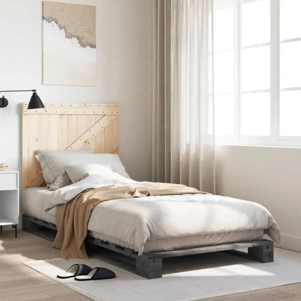 vidaXL Cadru de pat cu tăblie, gri, 90x200 cm, lemn masiv de pin