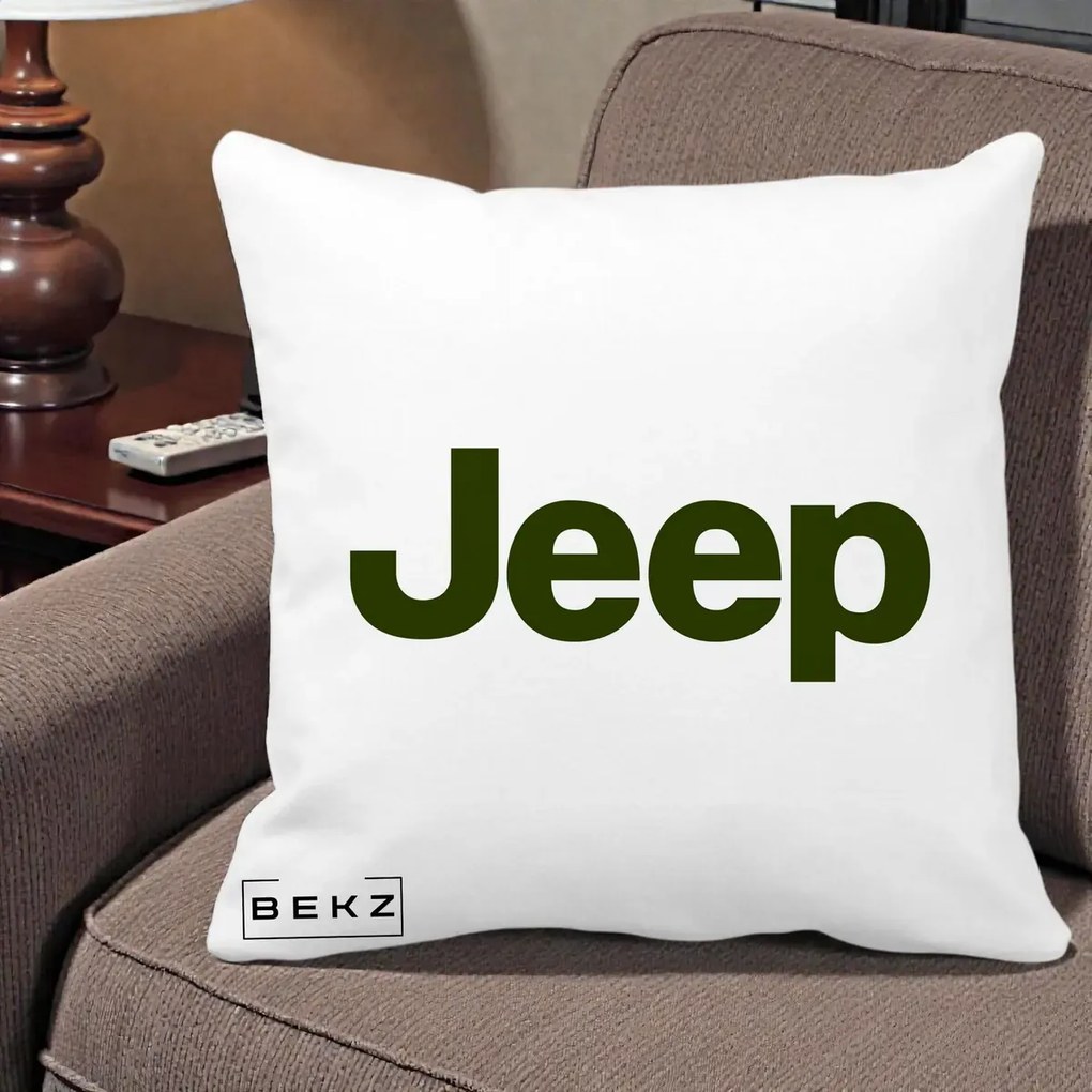 Perna Personalizata cu emblema Jeep, 40x40 cm, Alba Mata, Husa Detasabila, Perna Inclusa, BEKZ®