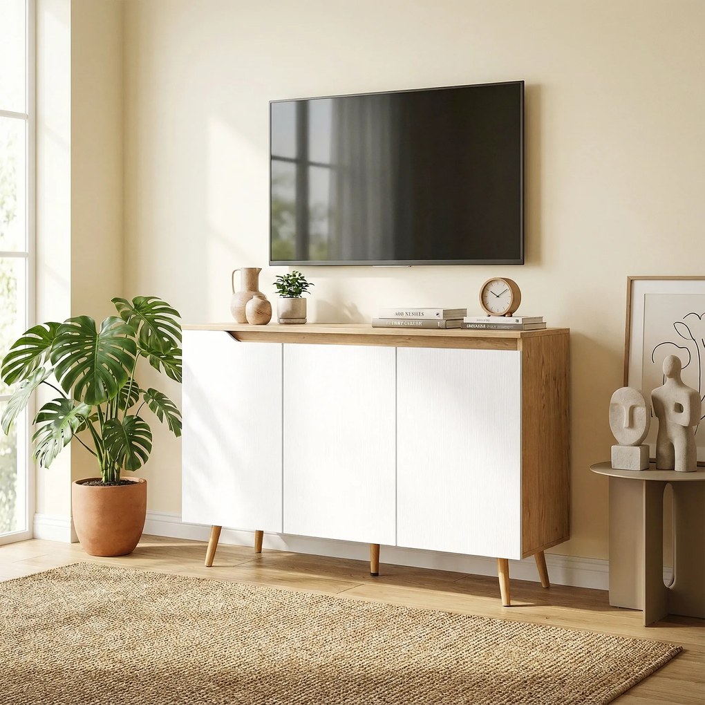 HOMCOM Bufet Bucătărie, Mobilier Bucătărie cu 3 Uși, Rafturi Ajustabile și 5 Picioare din Lemn de Cauciuc, Stil Modern, Bufet pentru Living, Sufragerie, Sală de Masă, Alb și Stejar | Aosom Romania