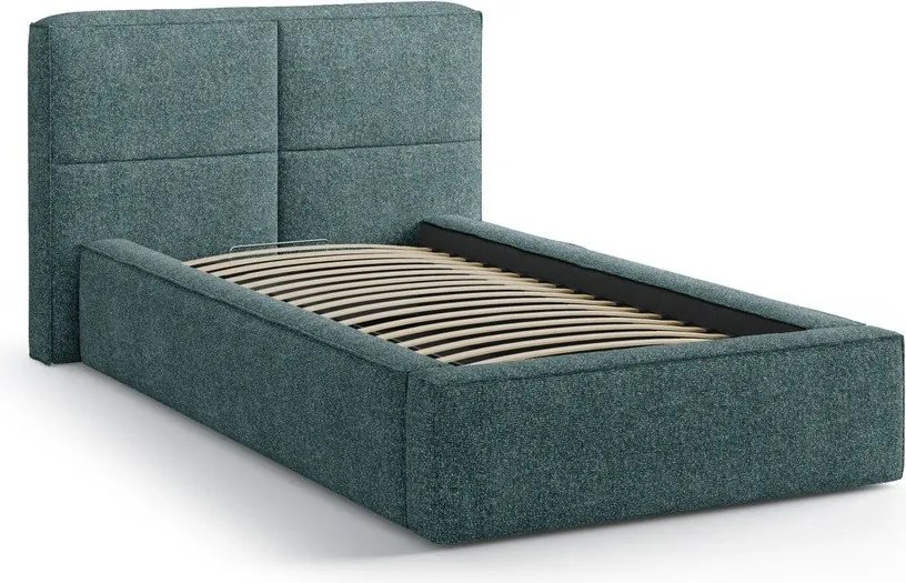 Pat turcoaz tapițat cu spațiu de depozitare cu somieră 90x200 cm Darren – Micadoni