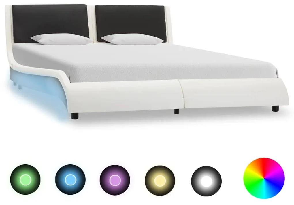 Cadru de pat cu LED, alb si negru, 120x200 cm, piele ecologica white and black, 120 x 200 cm