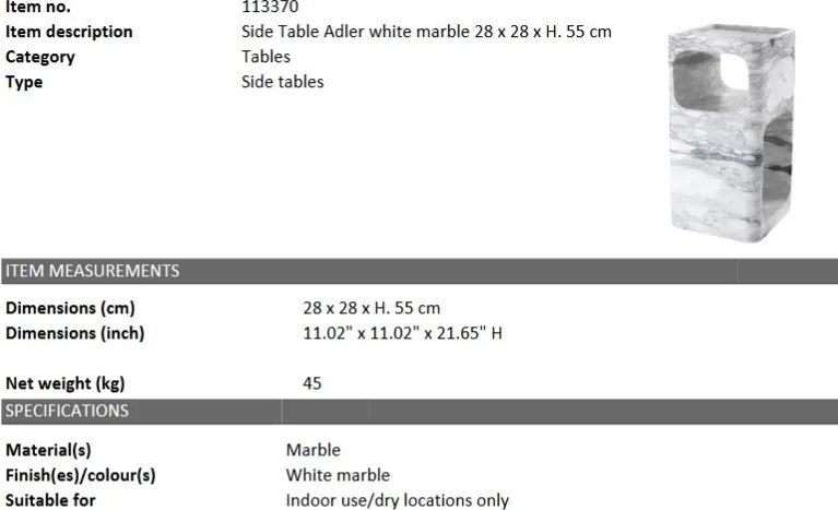 Masuta laterala design LUX Adler, marmura alba 113370 HZ