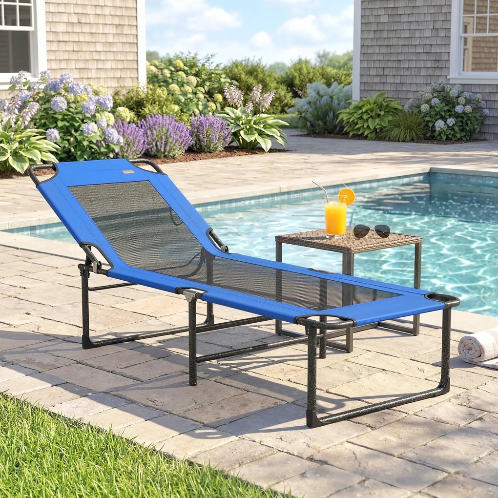Outsunny Șezlong Pliabil, Spătar Reglabil pe 4 Poziții, Mânere pentru Transport, Culoare Albastru | Aosom Romania