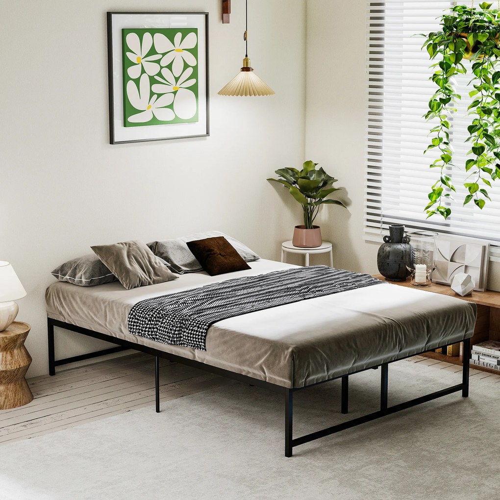 HOMCOM Cadru de pat dublu 140 x 190 cm, pat dublu 2 persoane din otel, inaltime 31 cm cu depozitare, somiera cu lamele, negru | Aosom Romania