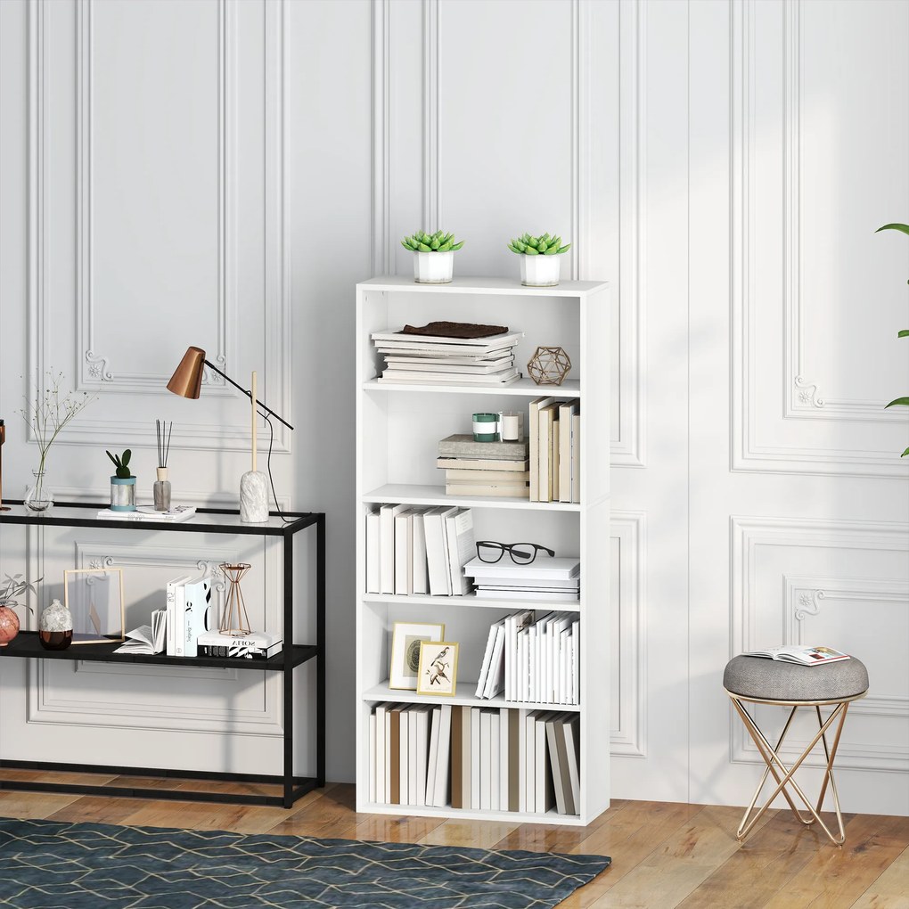 HOMCOM Bibliotecă cu 5 Niveluri și Rafturi Ajustabile, 60x24x133,5 cm, Alb | Aosom Romania
