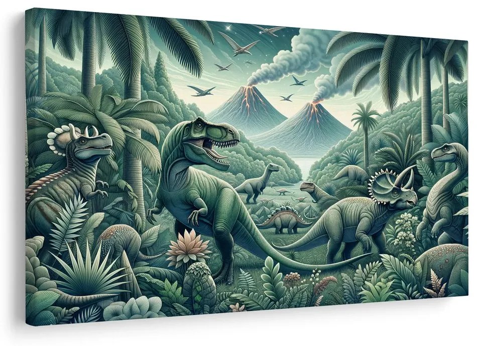 Tablou dinozauri în junglă cu vulcani