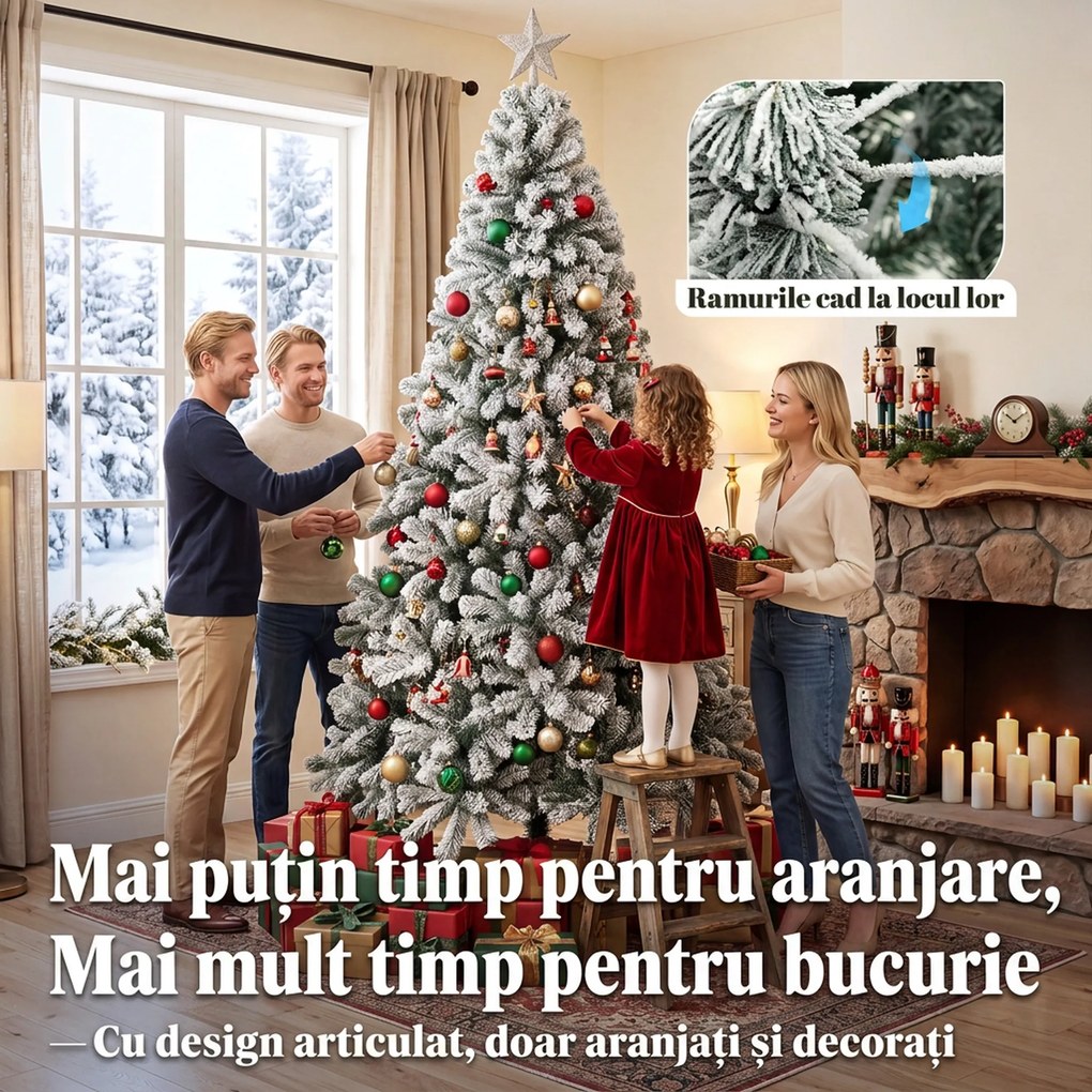 HOMCOM Brad Artificial de Crăciun 180 cm cu 650 Ramuri Ignifuge, Efect Înzăpezit Realist și Bază din Oțel, Verde și Alb | Aosom Romania